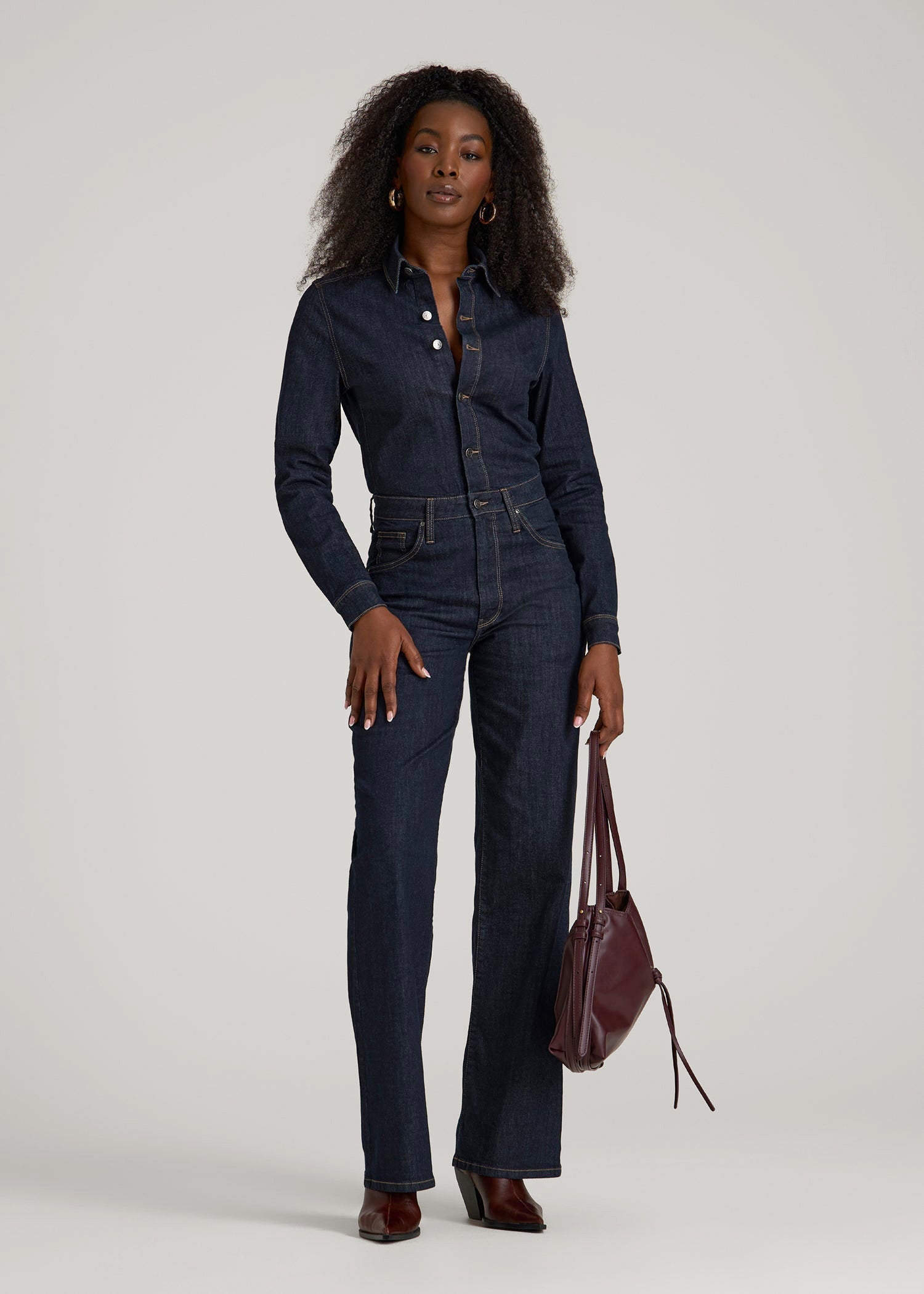 American Tall Online Shop | Long Sleeve Denim Jumpsuit for Tall Women in Rinse Wash