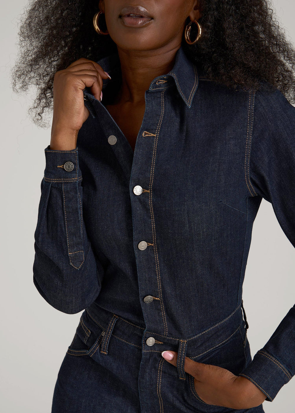 American Tall Online Shop | Long Sleeve Denim Jumpsuit for Tall Women in Rinse Wash