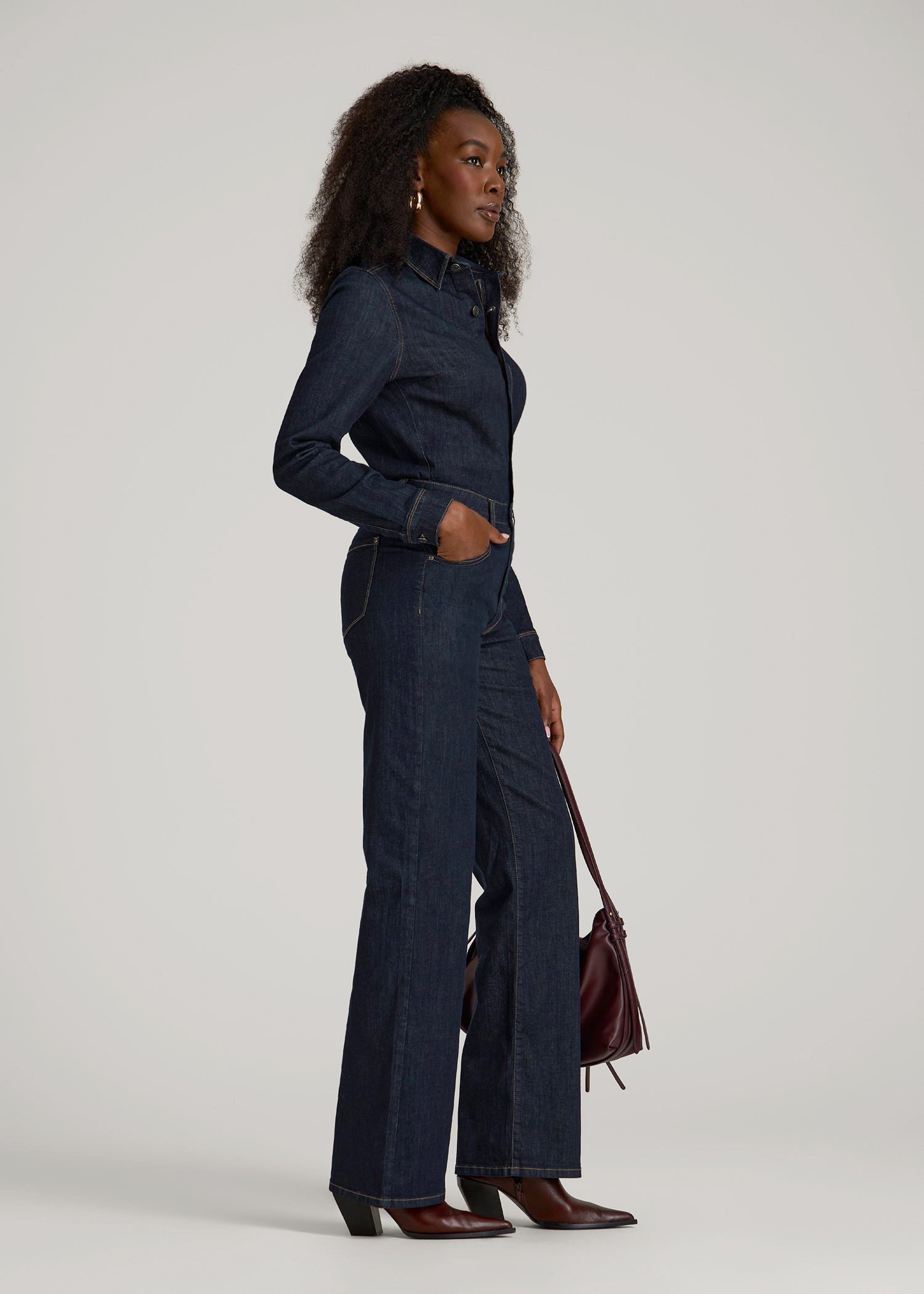 American Tall Online Shop | Long Sleeve Denim Jumpsuit for Tall Women in Rinse Wash
