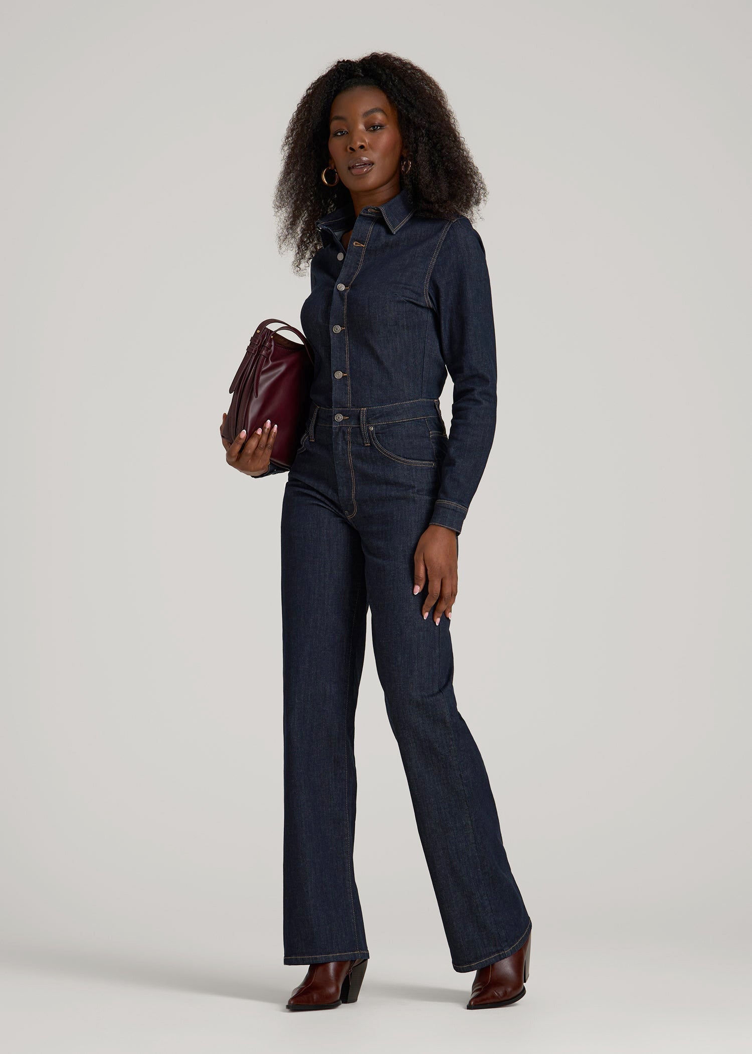 American Tall Online Shop | Long Sleeve Denim Jumpsuit for Tall Women in Rinse Wash