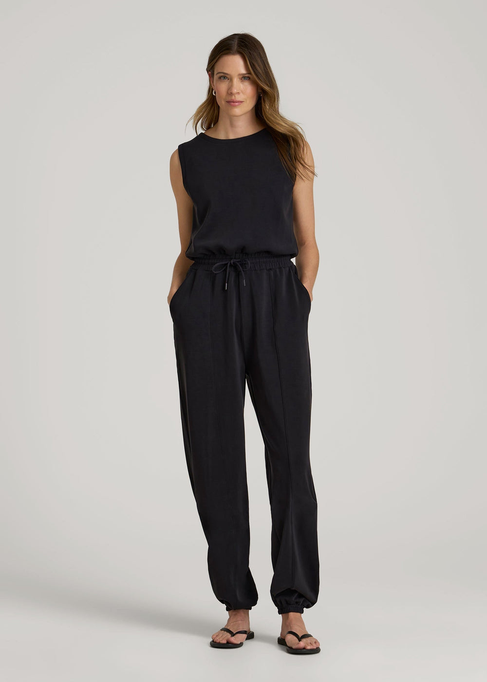 American Tall Online | Soft Motion Sleeveless Sweatpant Jumpsuit for Tall Women in Black