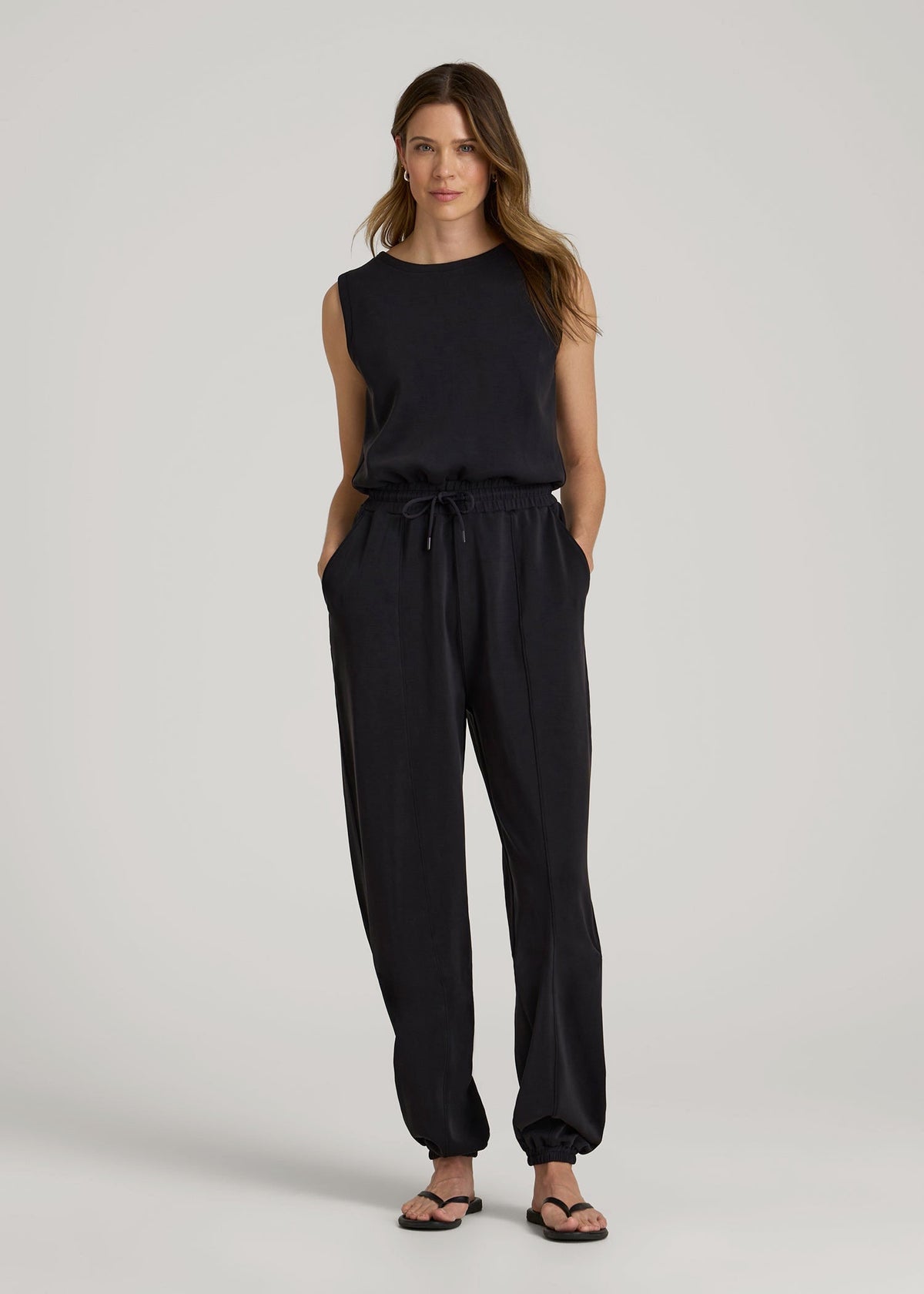 American Tall Online | Soft Motion Sleeveless Sweatpant Jumpsuit for Tall Women in Black