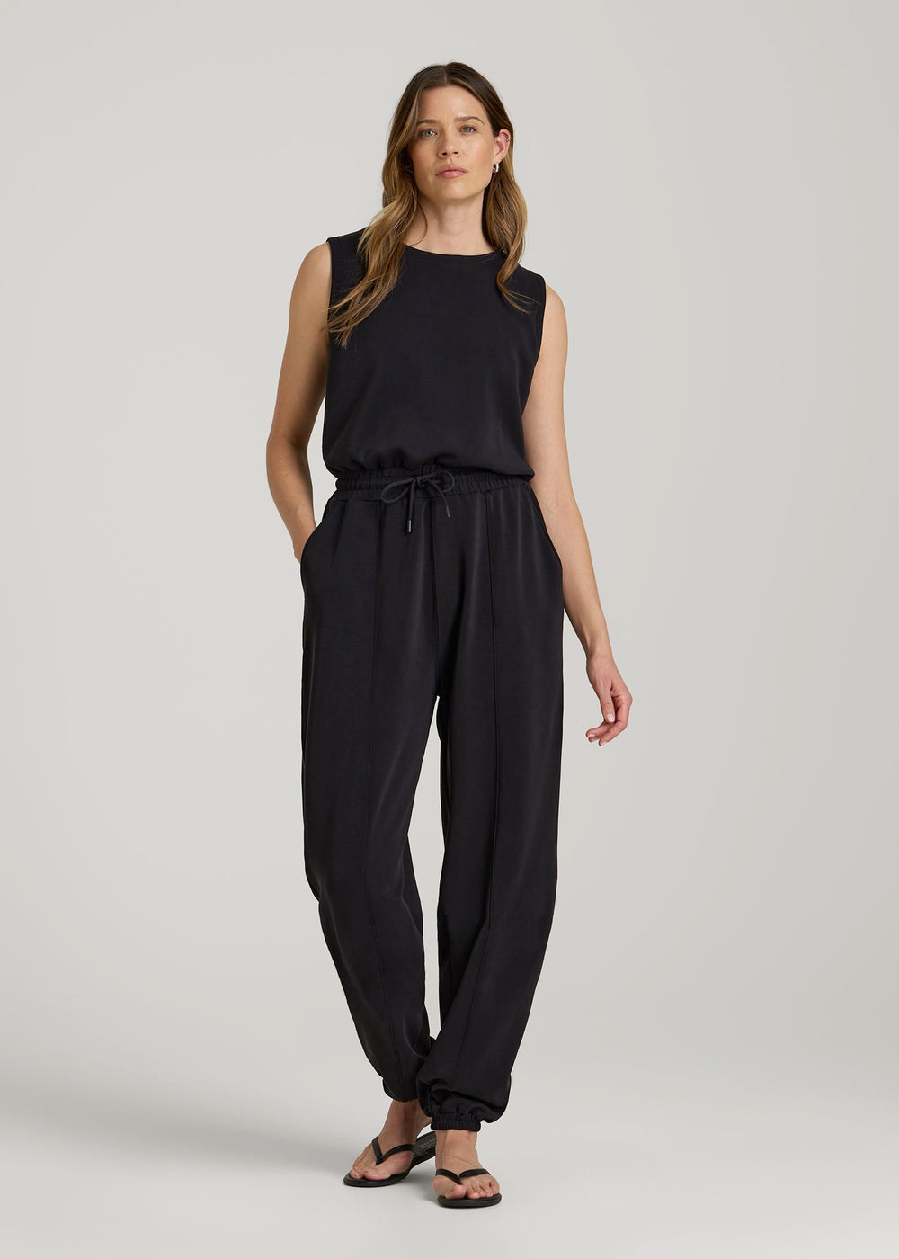 American Tall Online | Soft Motion Sleeveless Sweatpant Jumpsuit for Tall Women in Black