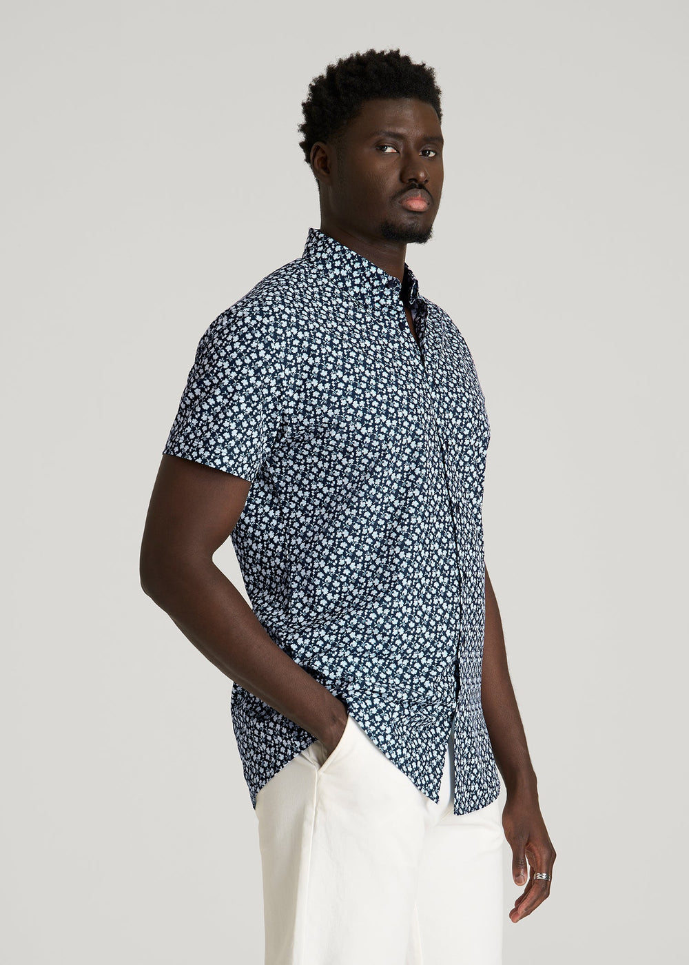 American Tall Online | Short Sleeve Traveler Stretch Button Shirt for Tall Men in Ice Blue Mini Floral