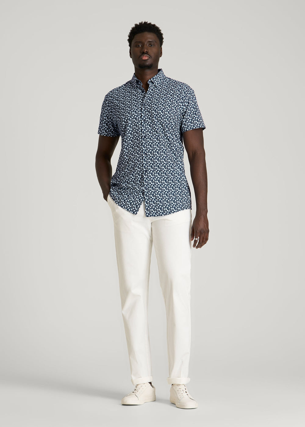 American Tall Online | Short Sleeve Traveler Stretch Button Shirt for Tall Men in Ice Blue Mini Floral