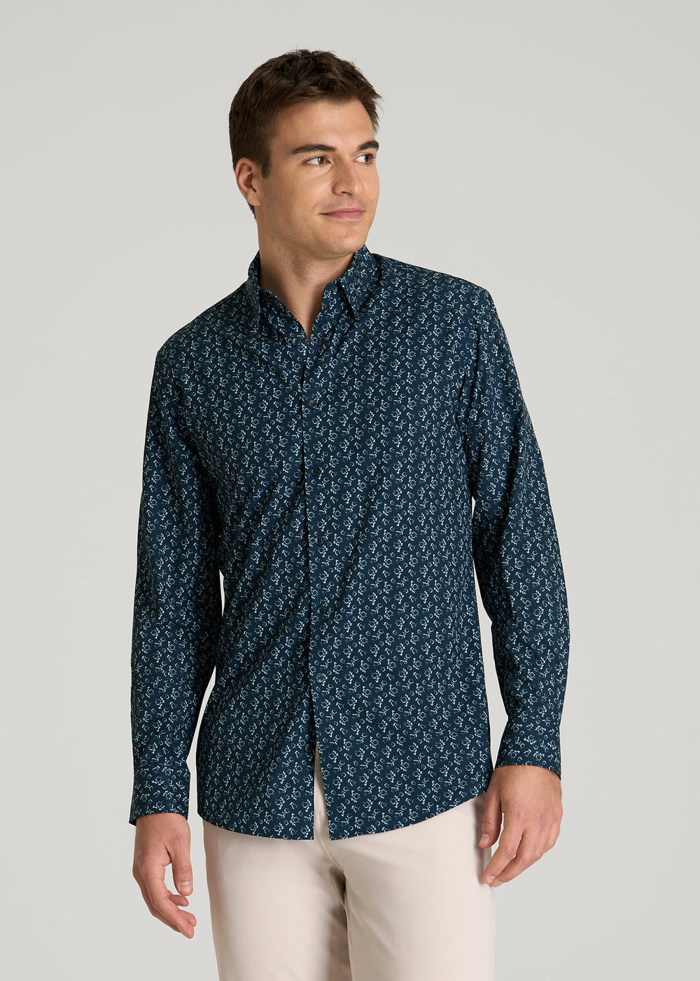 American Tall Outlet | Traveler Stretch Dress Shirt for Tall Men in Royal Navy Floral