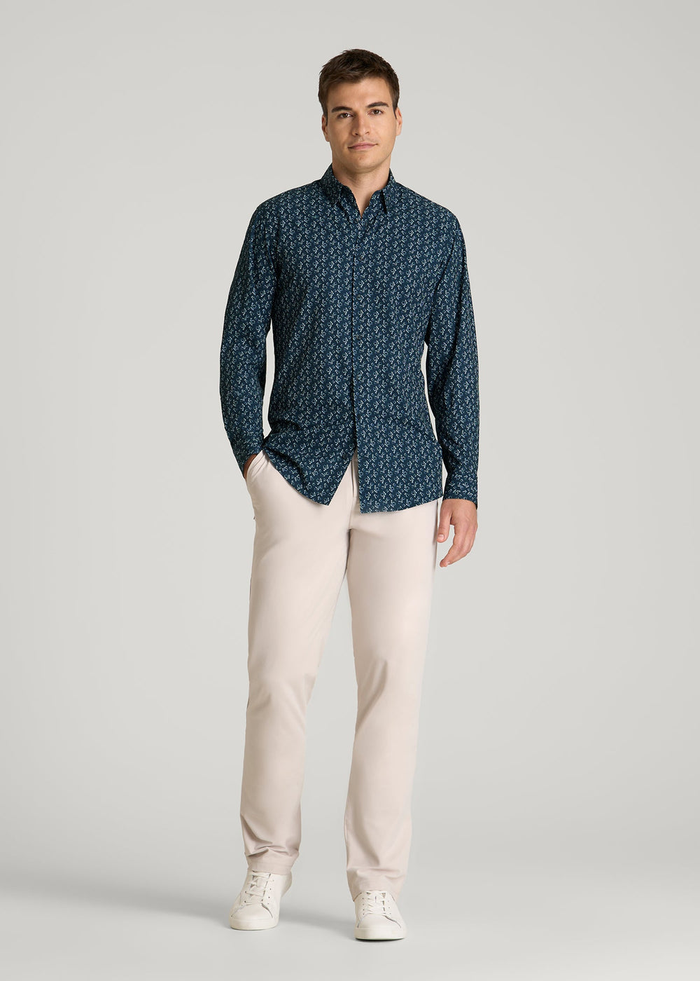 American Tall Outlet | Traveler Stretch Dress Shirt for Tall Men in Royal Navy Floral