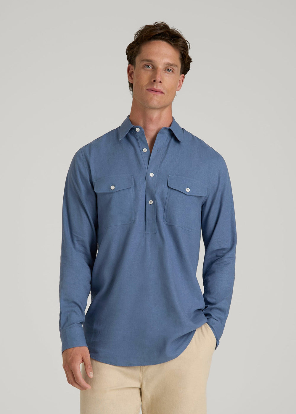 American Tall Online Shop | Linen Popover Shirt for Tall Men in Deep Cobalt
