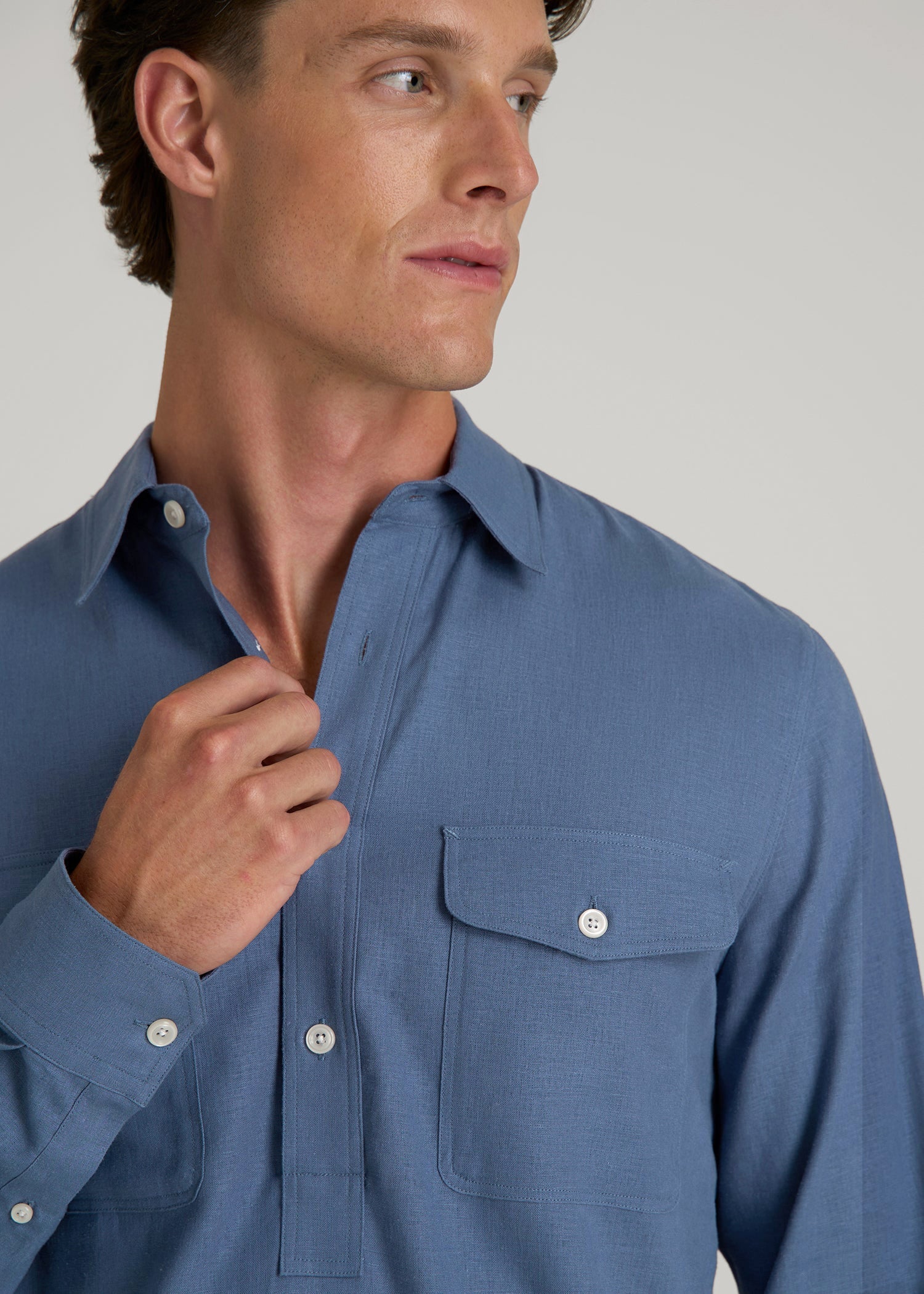 American Tall Online Shop | Linen Popover Shirt for Tall Men in Deep Cobalt