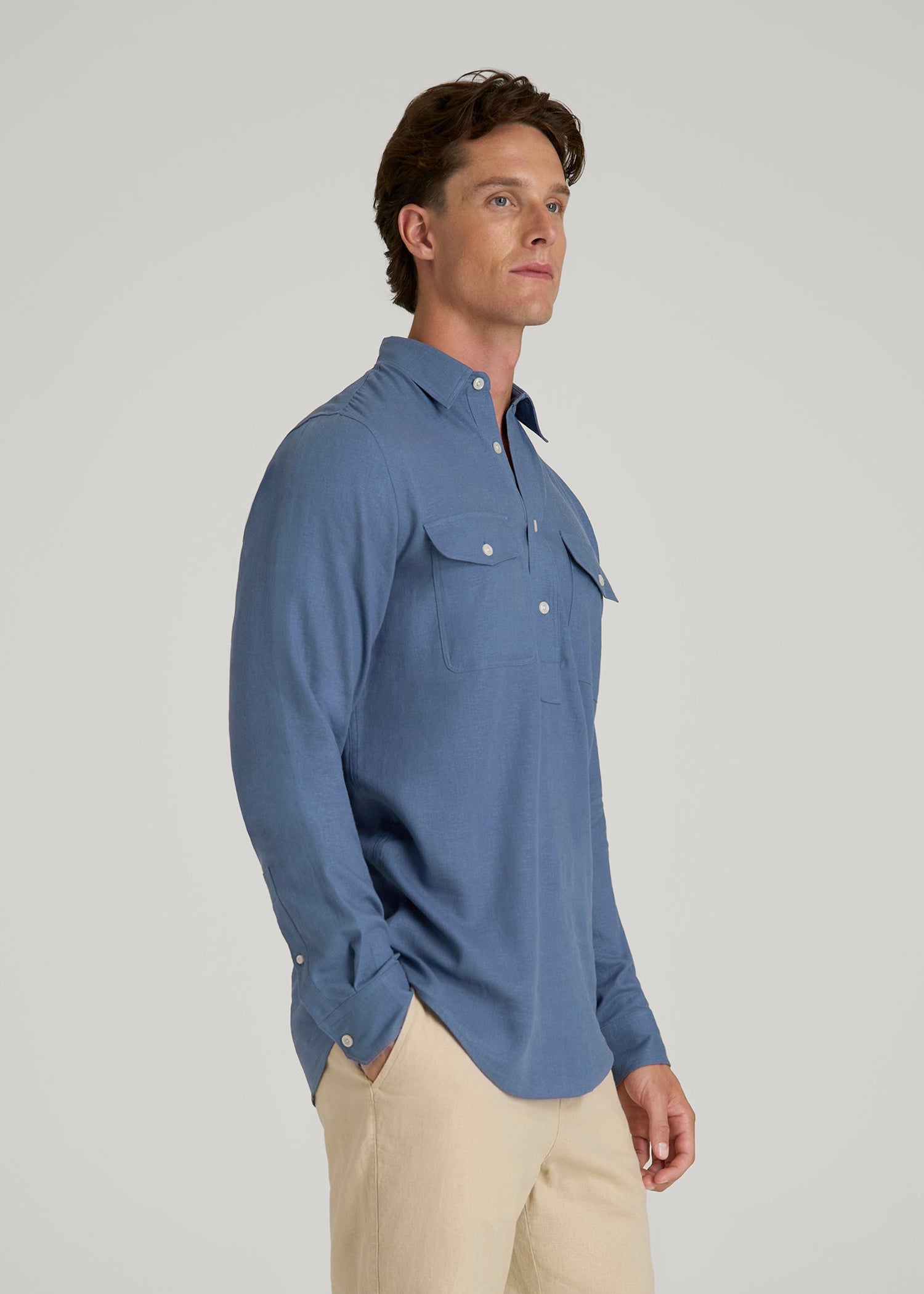 American Tall Online Shop | Linen Popover Shirt for Tall Men in Deep Cobalt