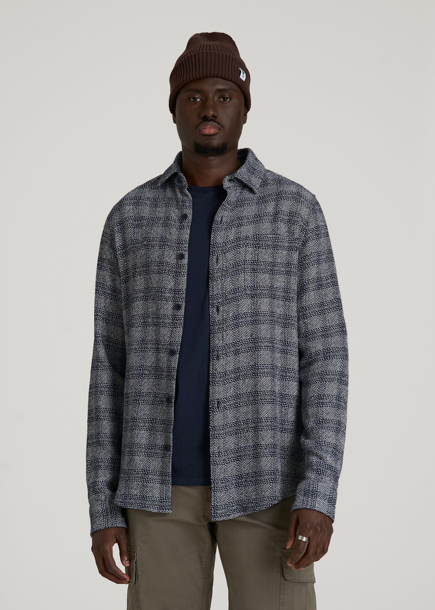 American Tall Outlet | Lightweight Woven Overshirt for Tall Men in Navy Textured Grid