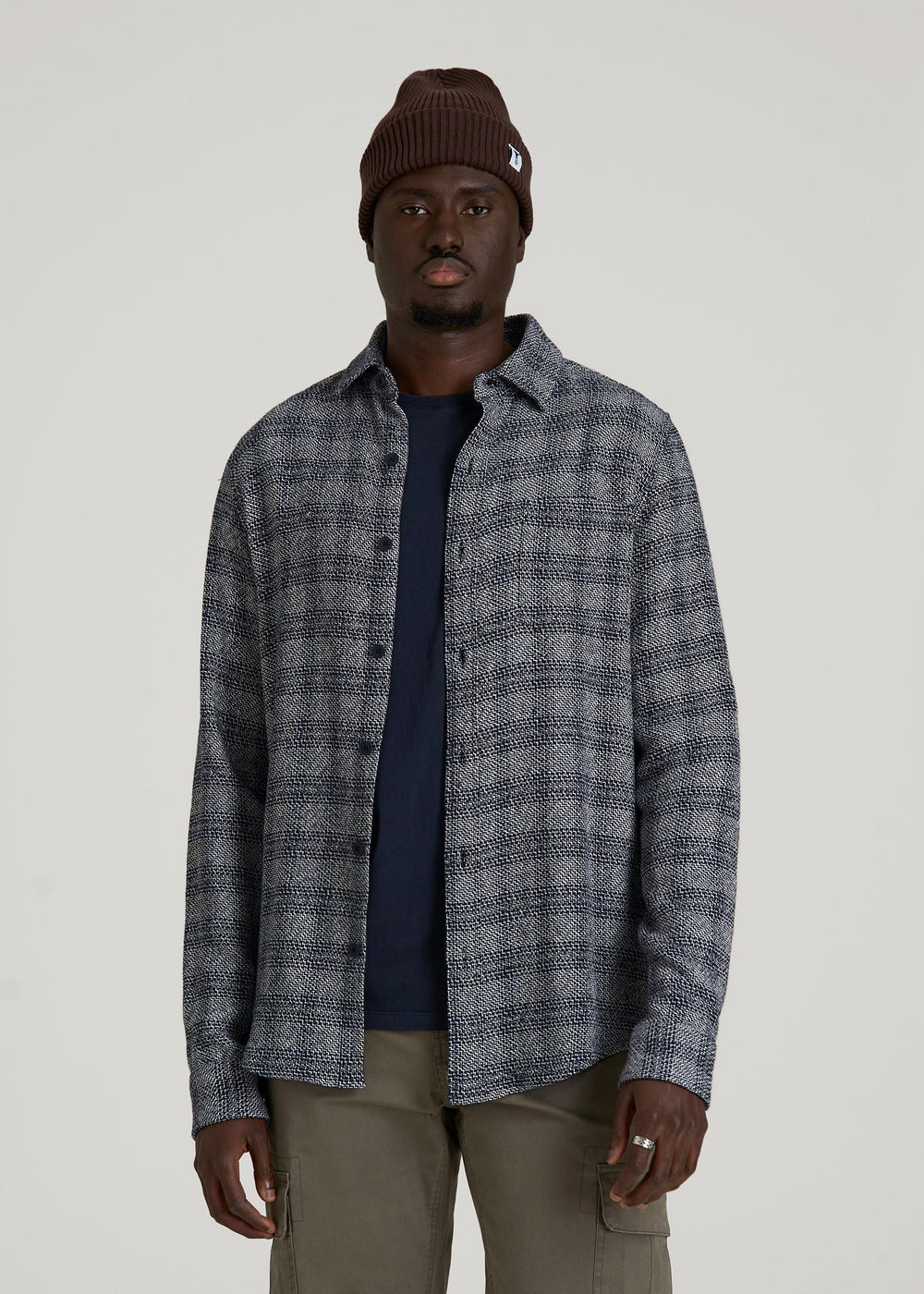 American Tall Outlet | Lightweight Woven Overshirt for Tall Men in Navy Textured Grid