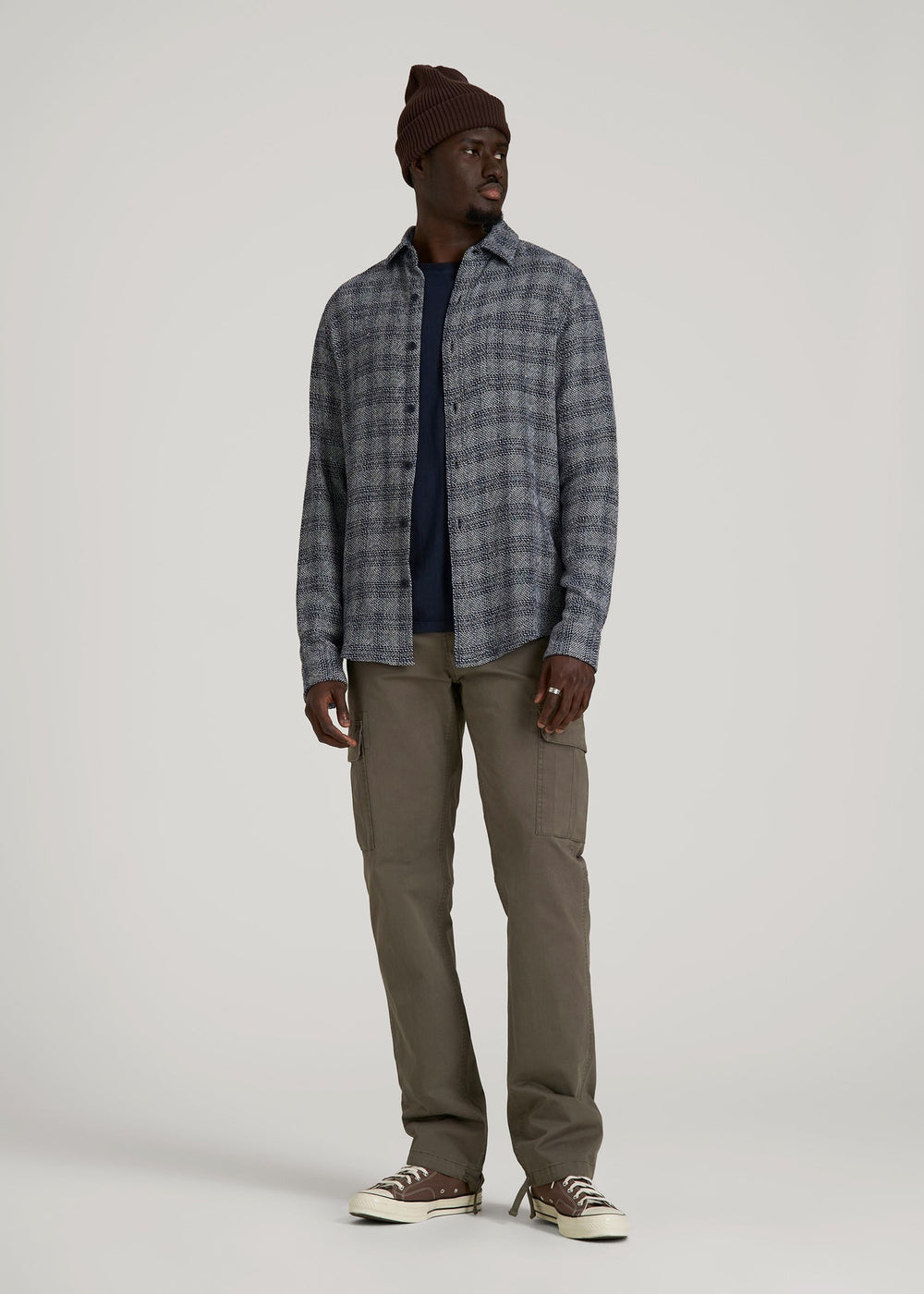 American Tall Outlet | Lightweight Woven Overshirt for Tall Men in Navy Textured Grid