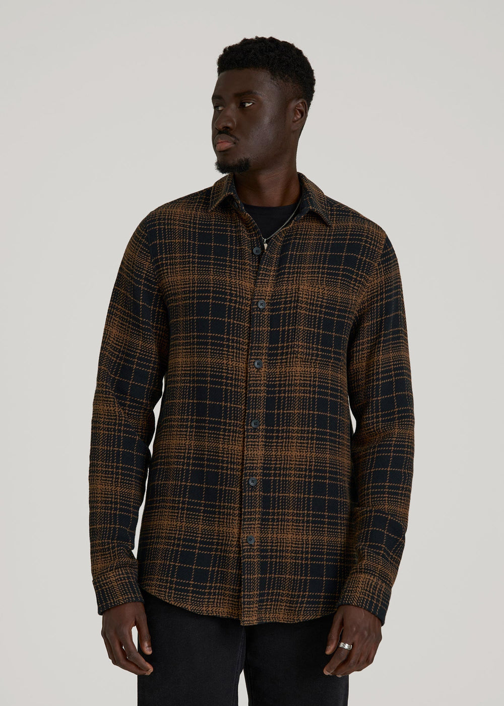 American Tall For Sale | Lightweight Woven Overshirt for Tall Men in Black and Caramel Plaid