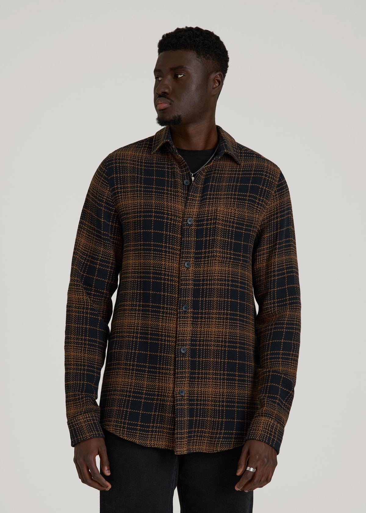 American Tall For Sale | Lightweight Woven Overshirt for Tall Men in Black and Caramel Plaid