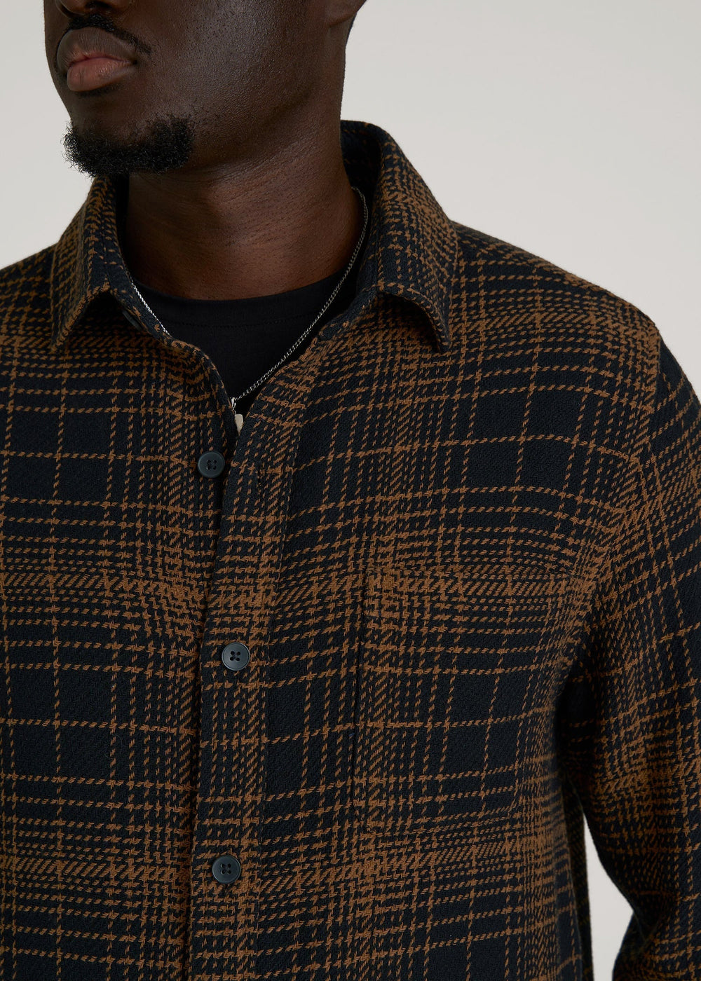 American Tall For Sale | Lightweight Woven Overshirt for Tall Men in Black and Caramel Plaid