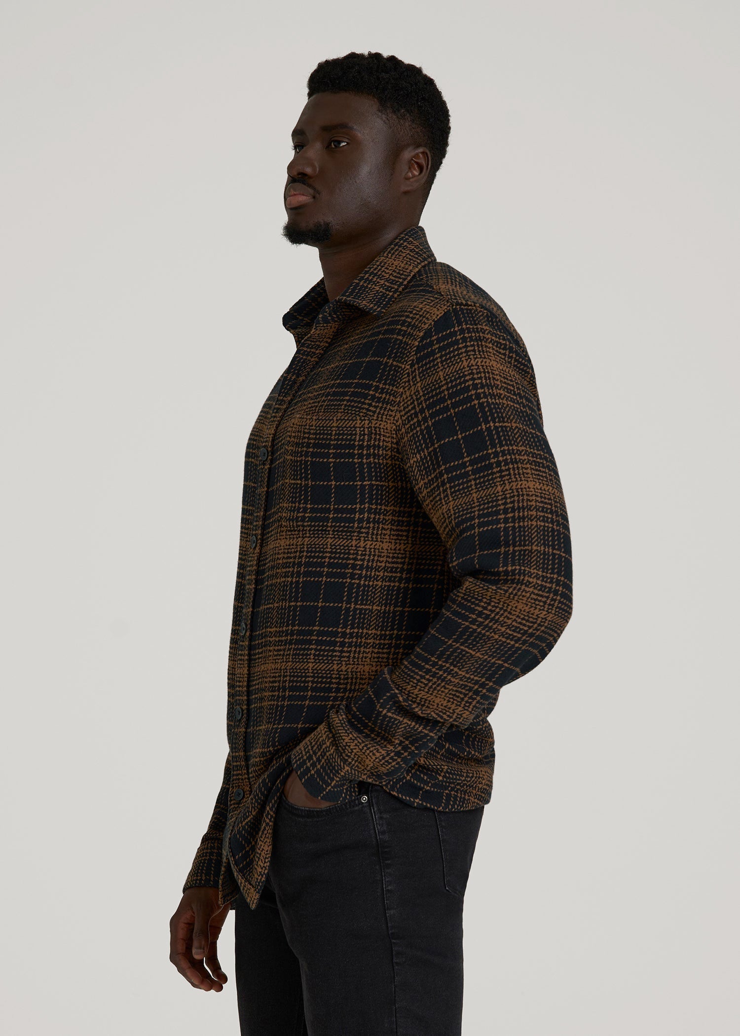 American Tall For Sale | Lightweight Woven Overshirt for Tall Men in Black and Caramel Plaid