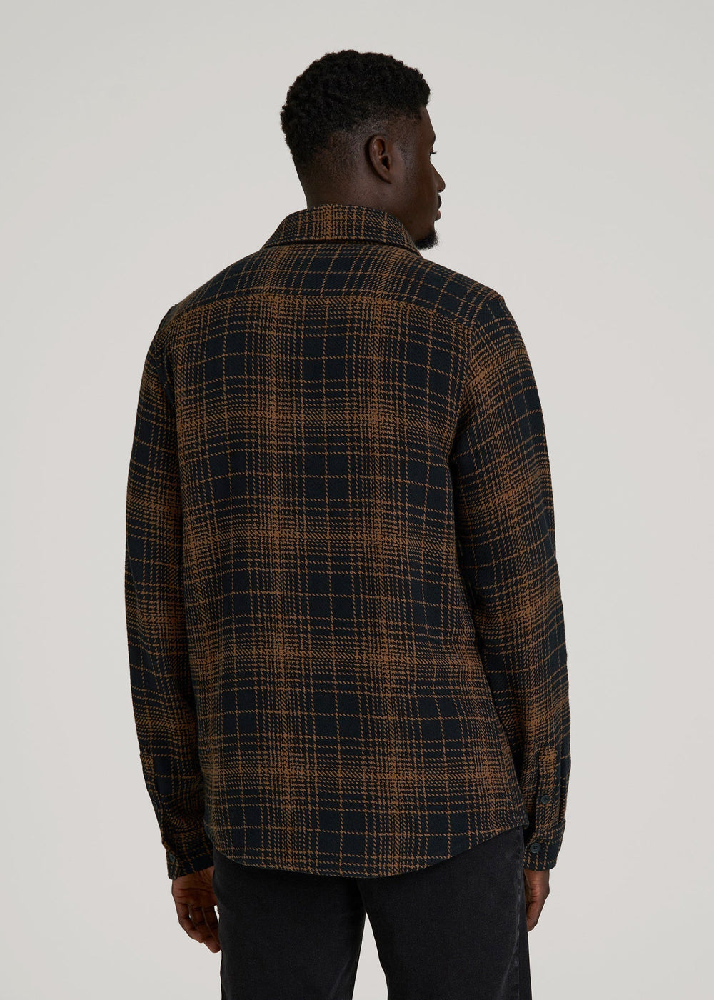 American Tall For Sale | Lightweight Woven Overshirt for Tall Men in Black and Caramel Plaid