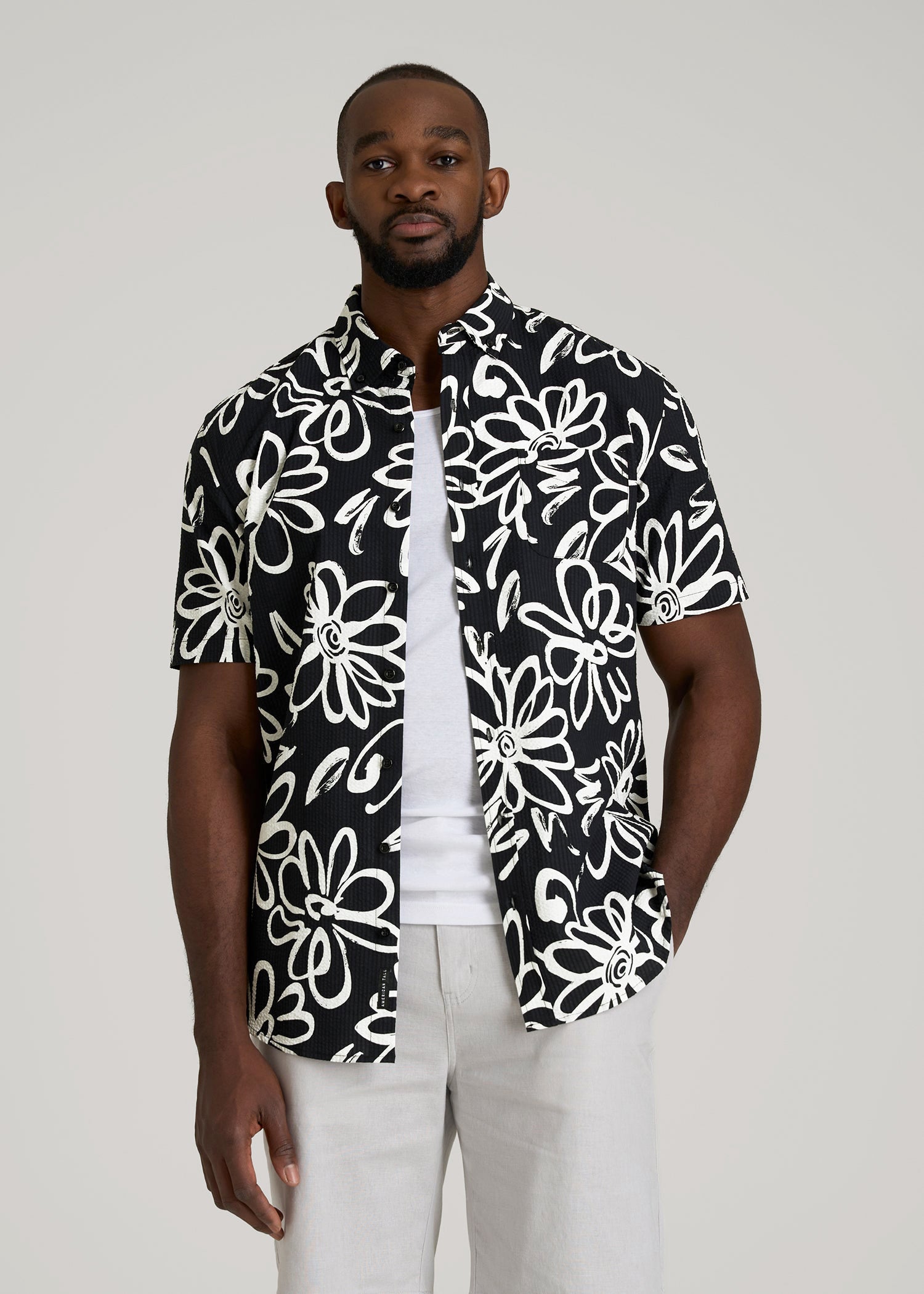 American Tall Online Shop | Seersucker Short Sleeve Shirt for Tall Men in Black and White Floral