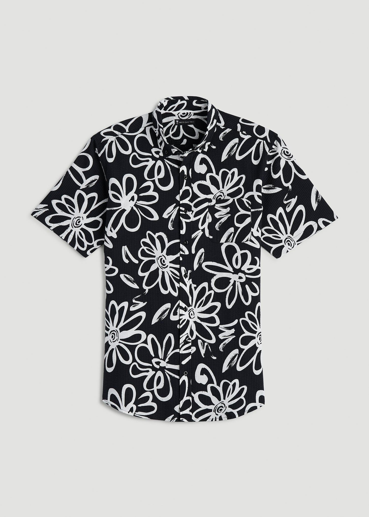 American Tall Online Shop | Seersucker Short Sleeve Shirt for Tall Men in Black and White Floral