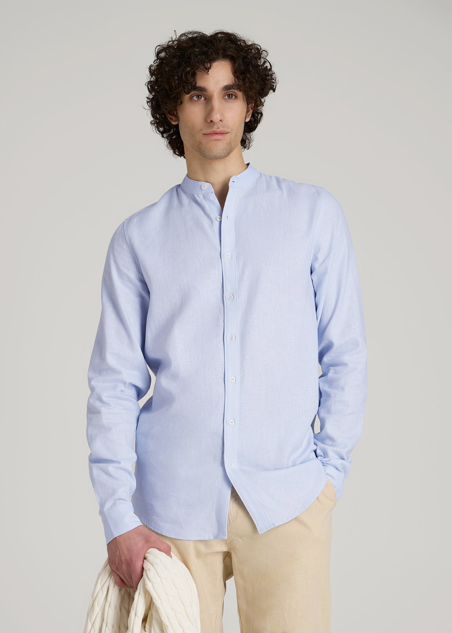 American Tall Discount | Band Collar Linen Button Shirt for Tall Men in Airy Blue