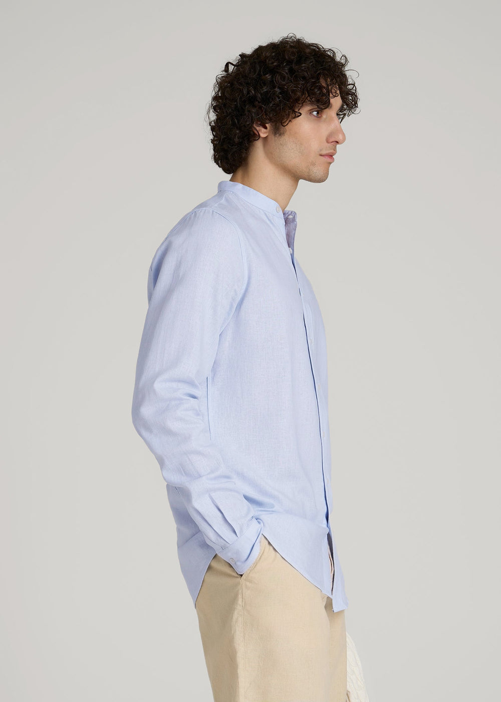 American Tall Discount | Band Collar Linen Button Shirt for Tall Men in Airy Blue