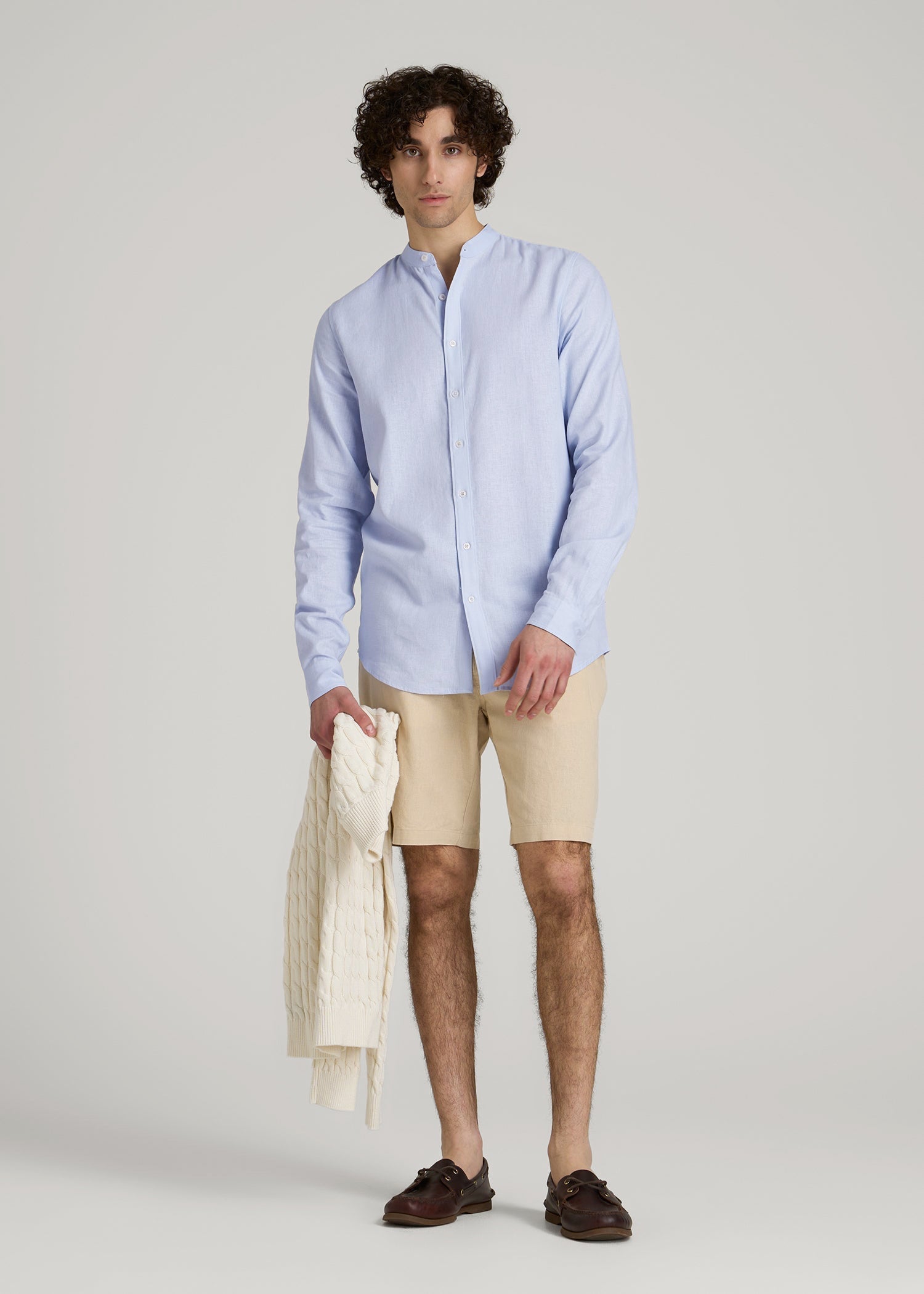 American Tall Discount | Band Collar Linen Button Shirt for Tall Men in Airy Blue