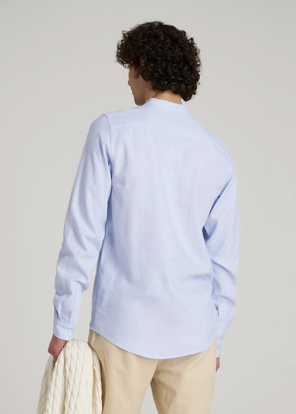 American Tall Discount | Band Collar Linen Button Shirt for Tall Men in Airy Blue