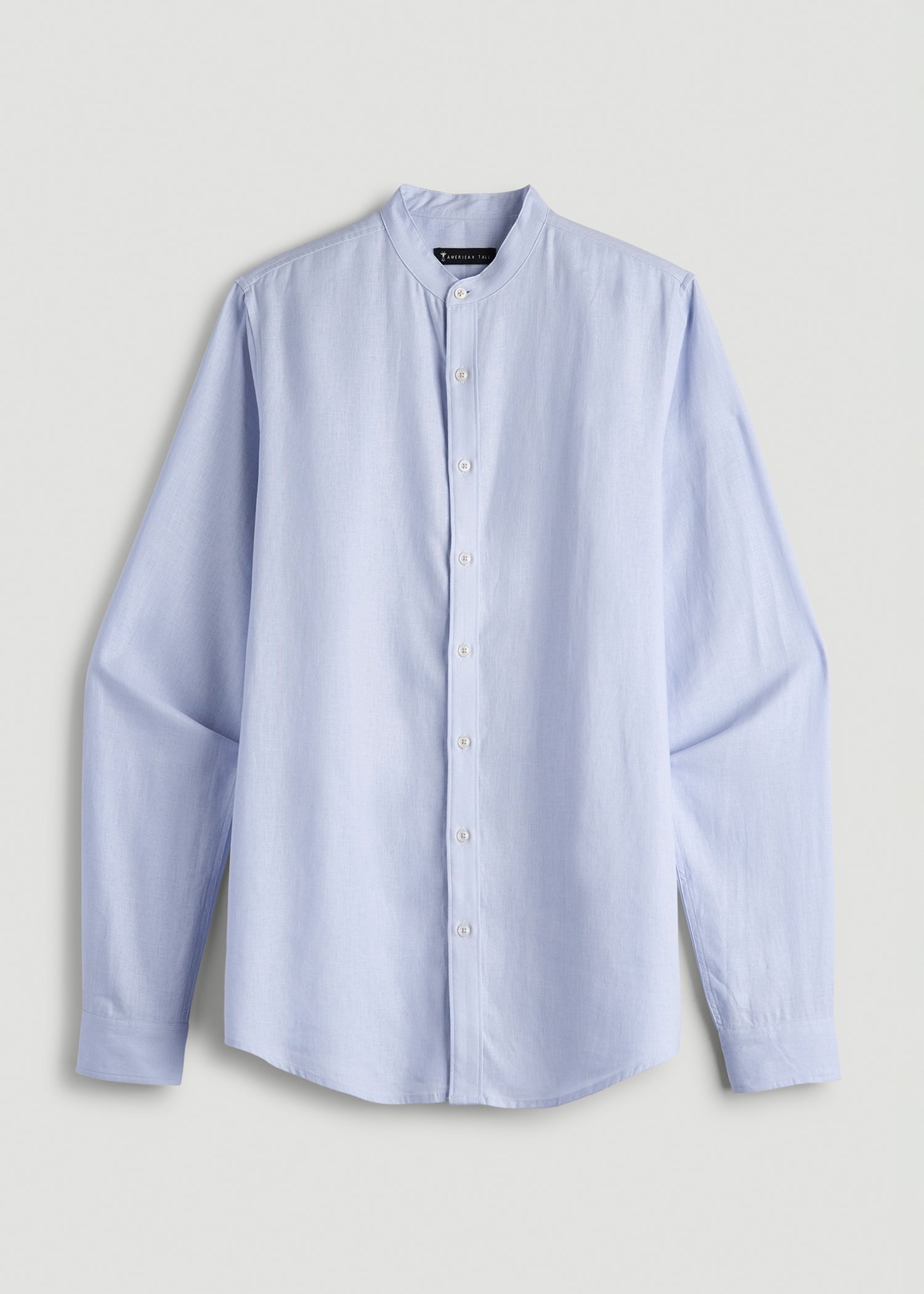 American Tall Discount | Band Collar Linen Button Shirt for Tall Men in Airy Blue
