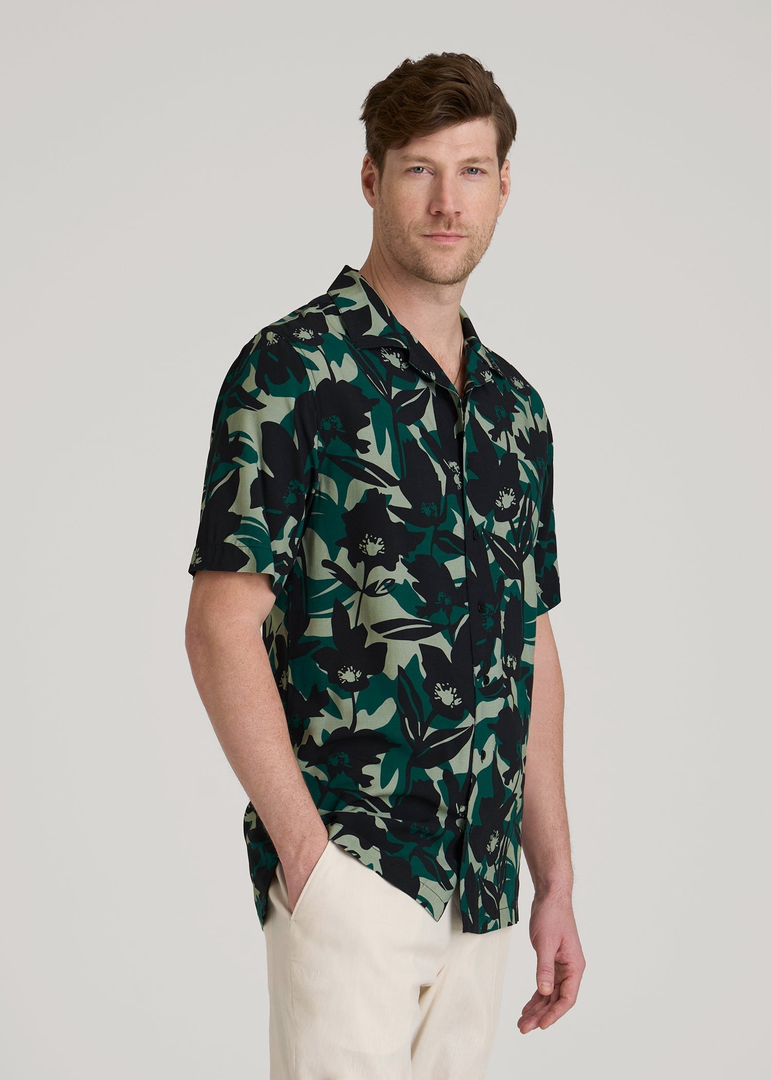 American Tall Online | Short Sleeve Resort Shirt for Tall Men in Green and Black Floral