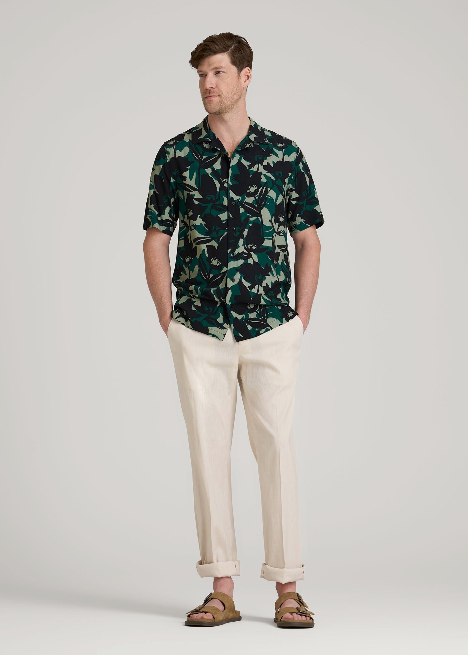 American Tall Online | Short Sleeve Resort Shirt for Tall Men in Green and Black Floral
