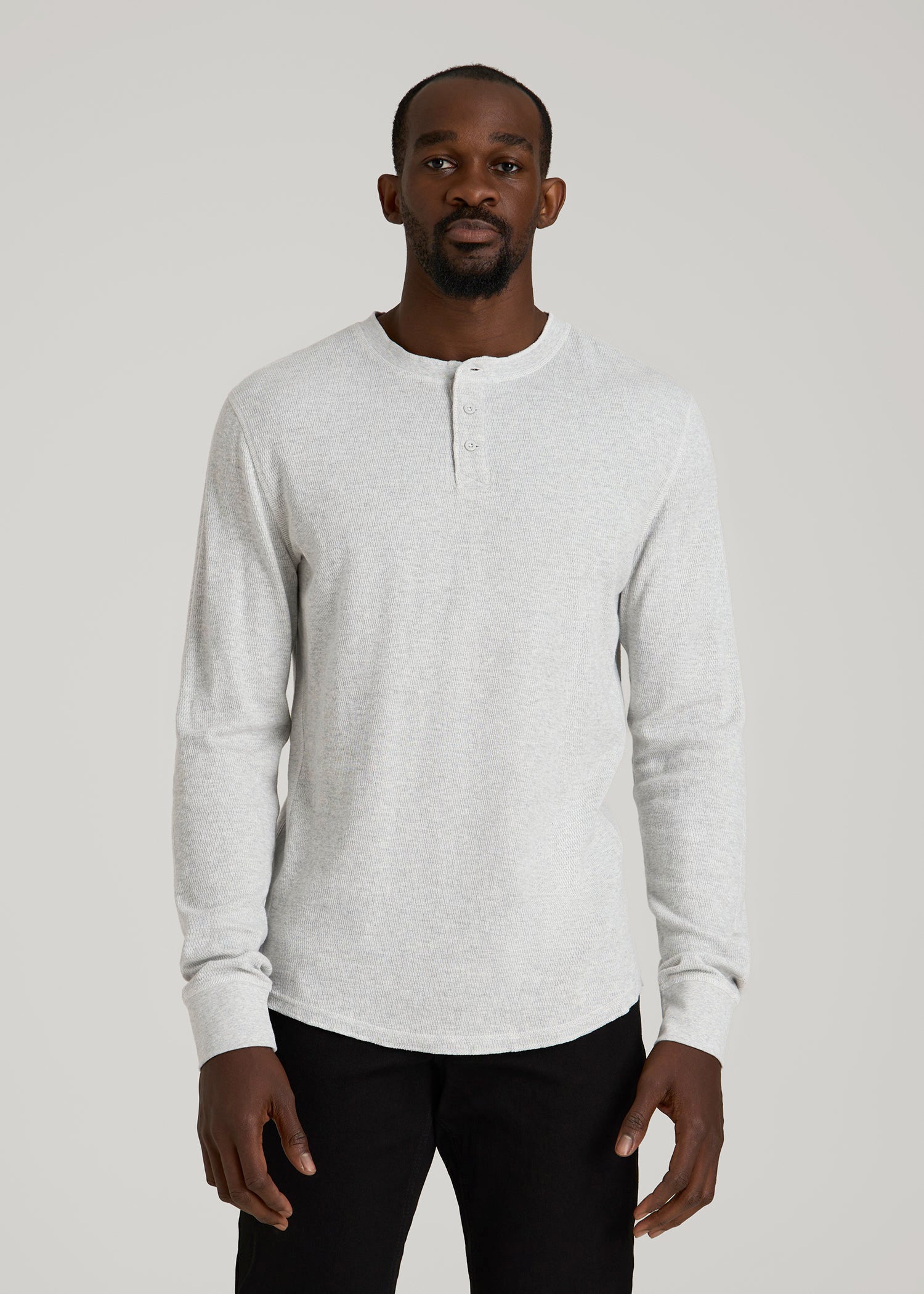 American Tall Discount | Double Honeycomb Thermal Long-Sleeve Henley Shirt for Tall Men in Light Heather Grey