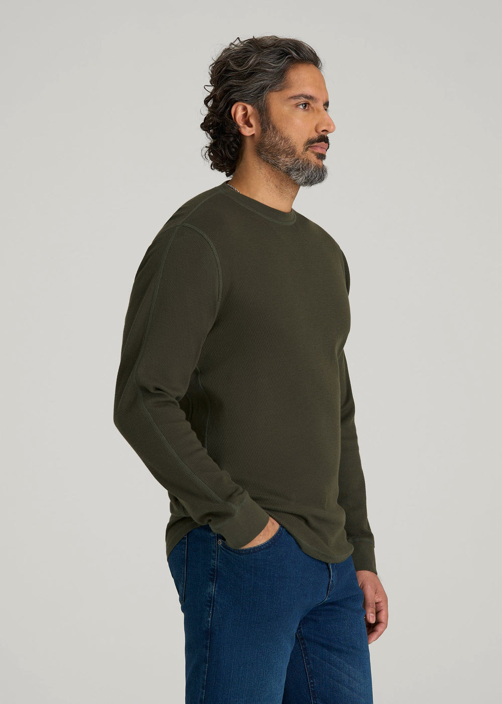 American Tall Sale | Double Honeycomb Thermal Crewneck for Tall Men in Dark Olive Green