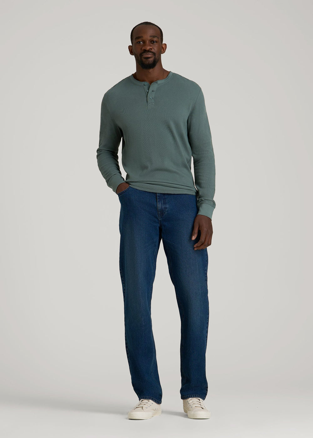 American Tall Discount | Double Honeycomb Thermal Long-Sleeve Henley Shirt for Tall Men in Balsam Green