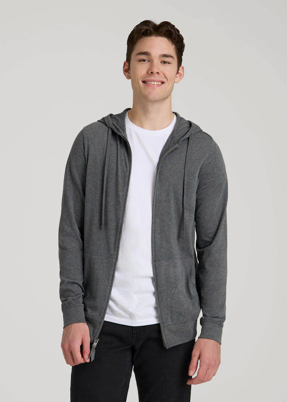 American Tall Online | Long Sleeve Full Zip Jersey Hoodie for Tall Men in Charcoal Mix