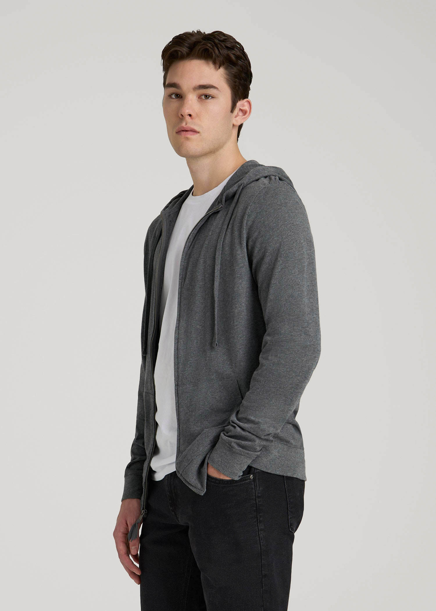 American Tall Online | Long Sleeve Full Zip Jersey Hoodie for Tall Men in Charcoal Mix