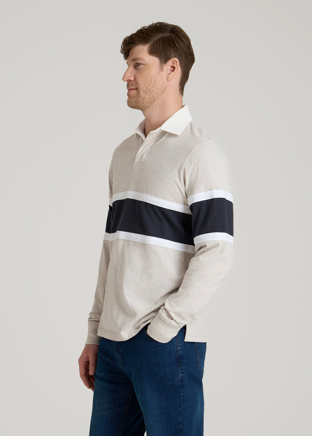 American Tall Online Shop | Rugby Long Sleeve Shirt for Tall Men in Oatmeal Heather Multi