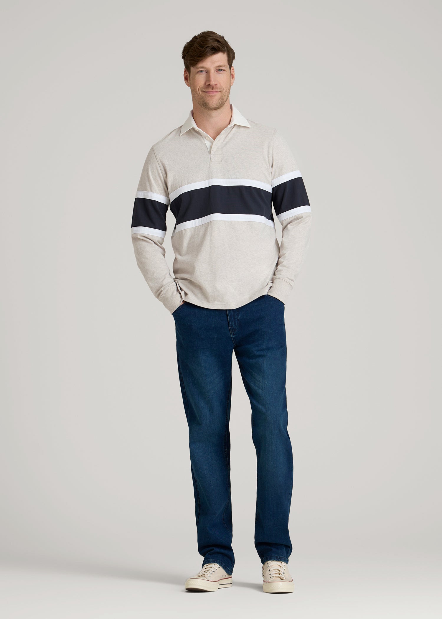 American Tall Online Shop | Rugby Long Sleeve Shirt for Tall Men in Oatmeal Heather Multi