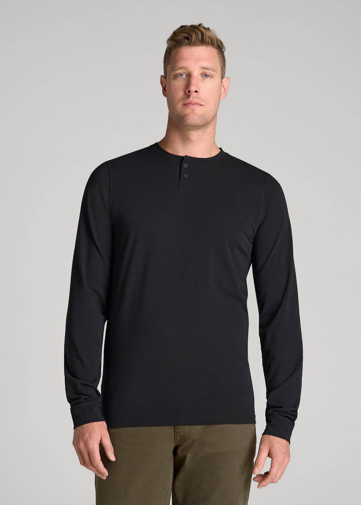 American Tall Discount | Pima Stretch Knit Henley Shirt for Tall Men in Black