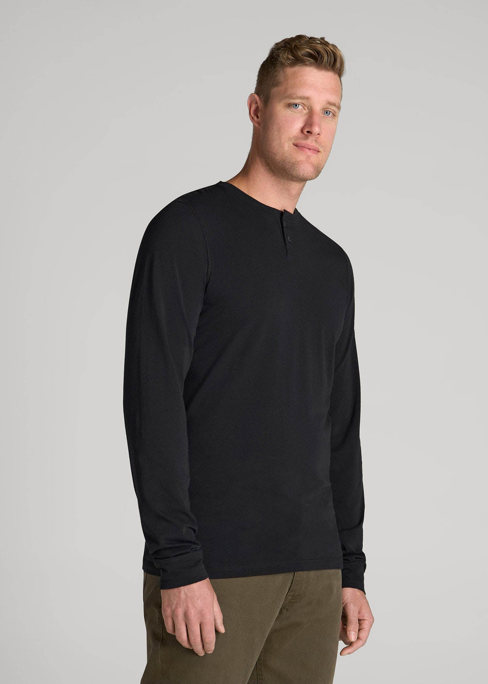 American Tall Discount | Pima Stretch Knit Henley Shirt for Tall Men in Black