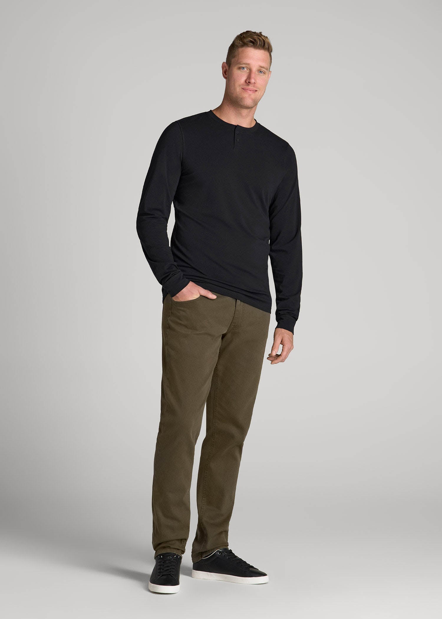 American Tall Discount | Pima Stretch Knit Henley Shirt for Tall Men in Black