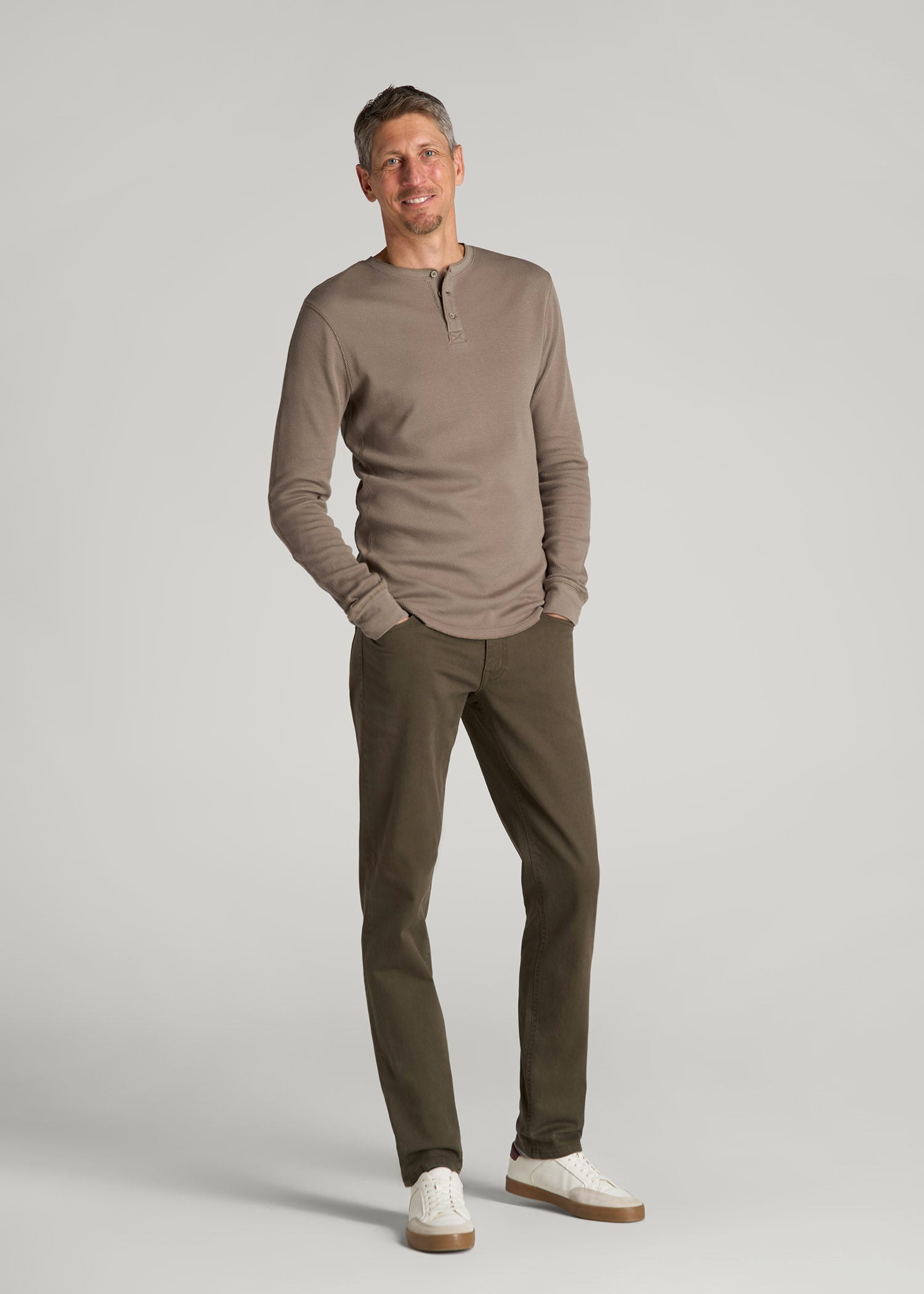 American Tall Online Shop | Double Honeycomb Thermal Long-Sleeve Henley Shirt for Tall Men in Dark Sand