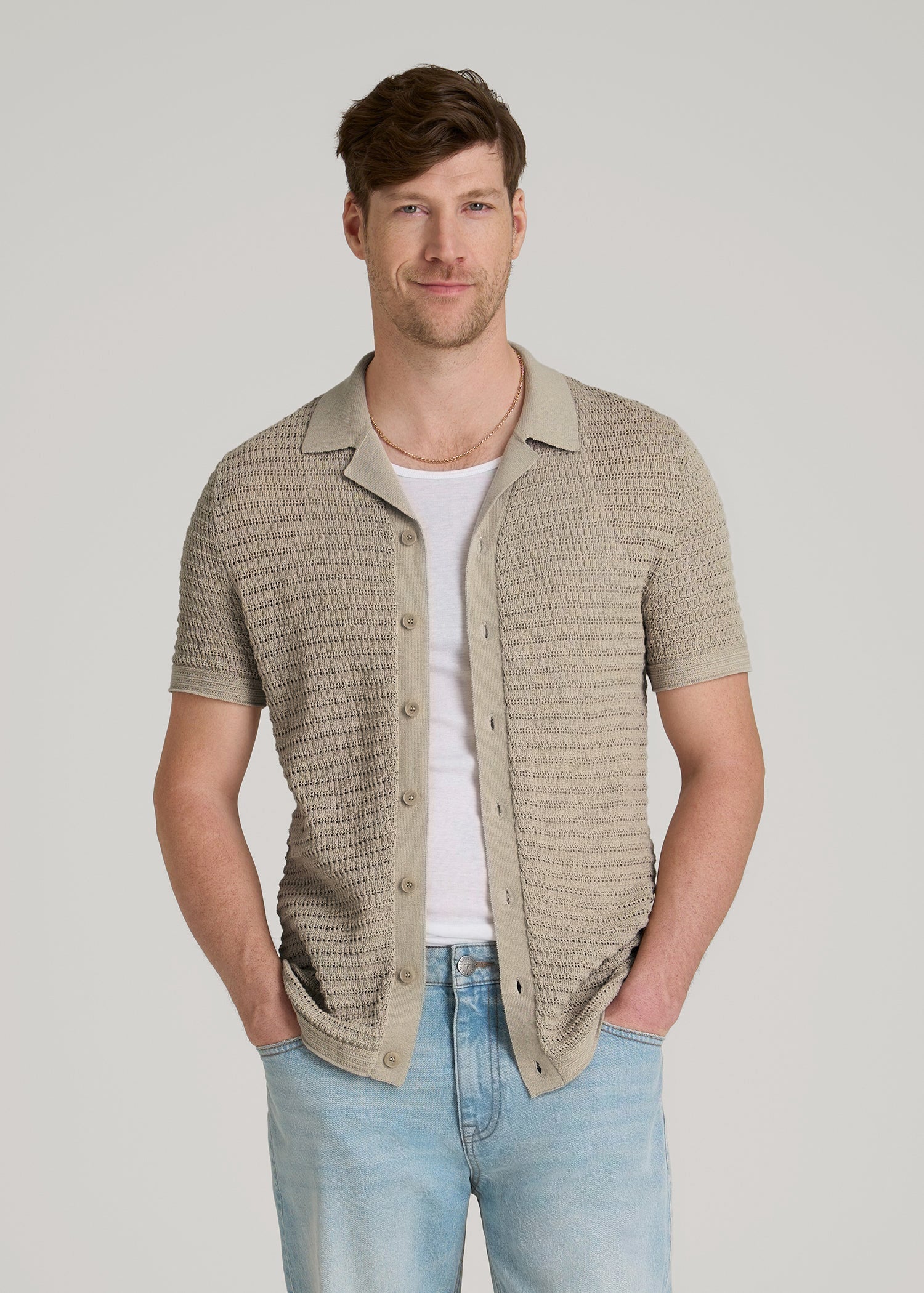 American Tall Online | Short Sleeve Crochet Polo Cardigan for Tall Men in Light Khaki