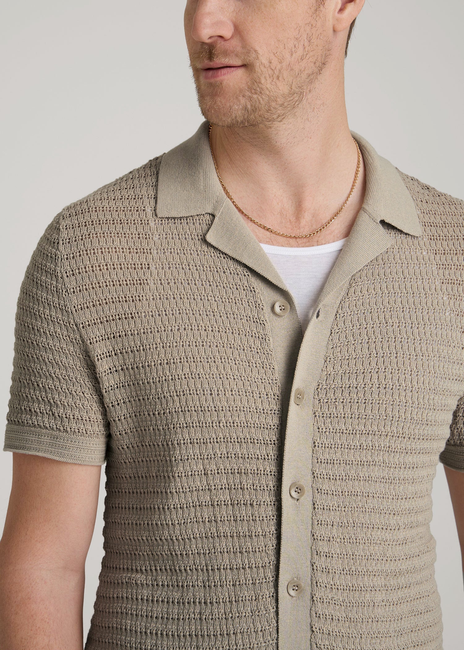 American Tall Online | Short Sleeve Crochet Polo Cardigan for Tall Men in Light Khaki