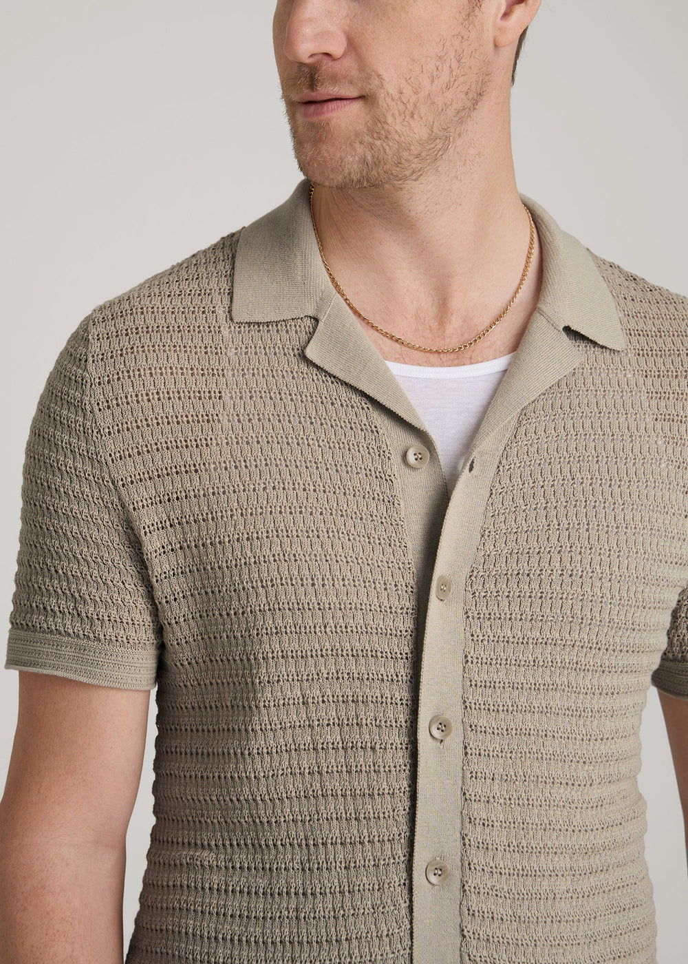 American Tall Online | Short Sleeve Crochet Polo Cardigan for Tall Men in Light Khaki