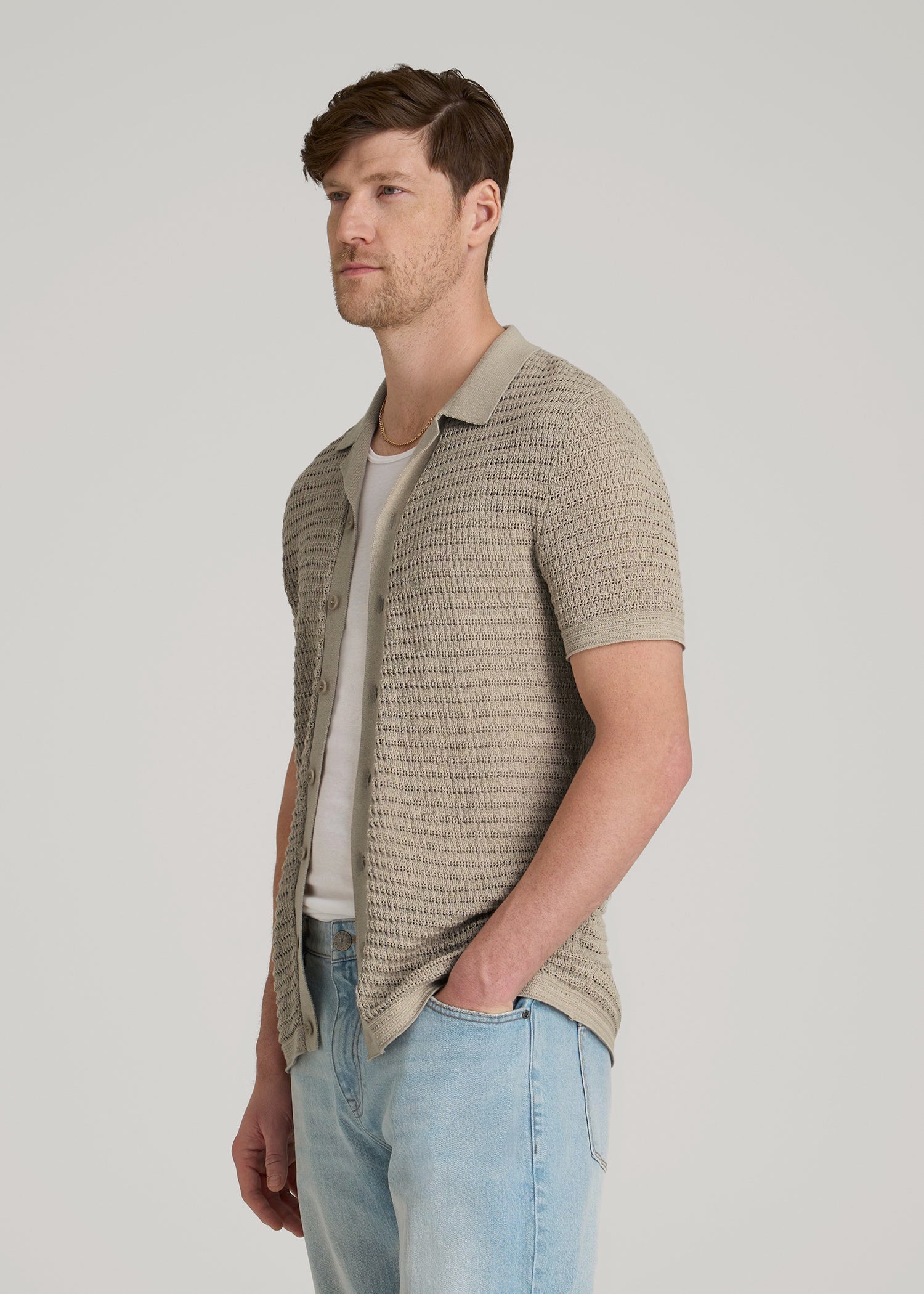 American Tall Online | Short Sleeve Crochet Polo Cardigan for Tall Men in Light Khaki