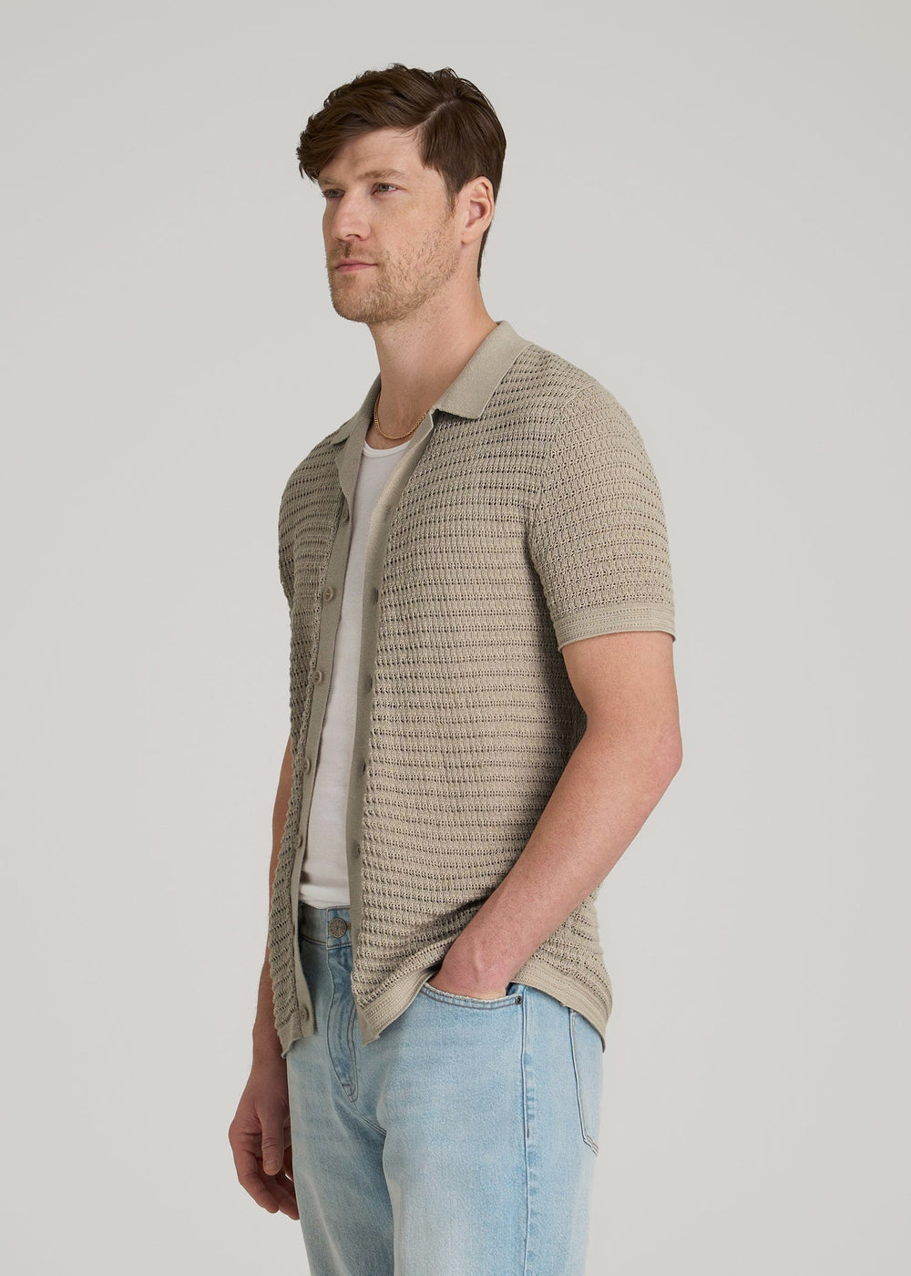 American Tall Online | Short Sleeve Crochet Polo Cardigan for Tall Men in Light Khaki