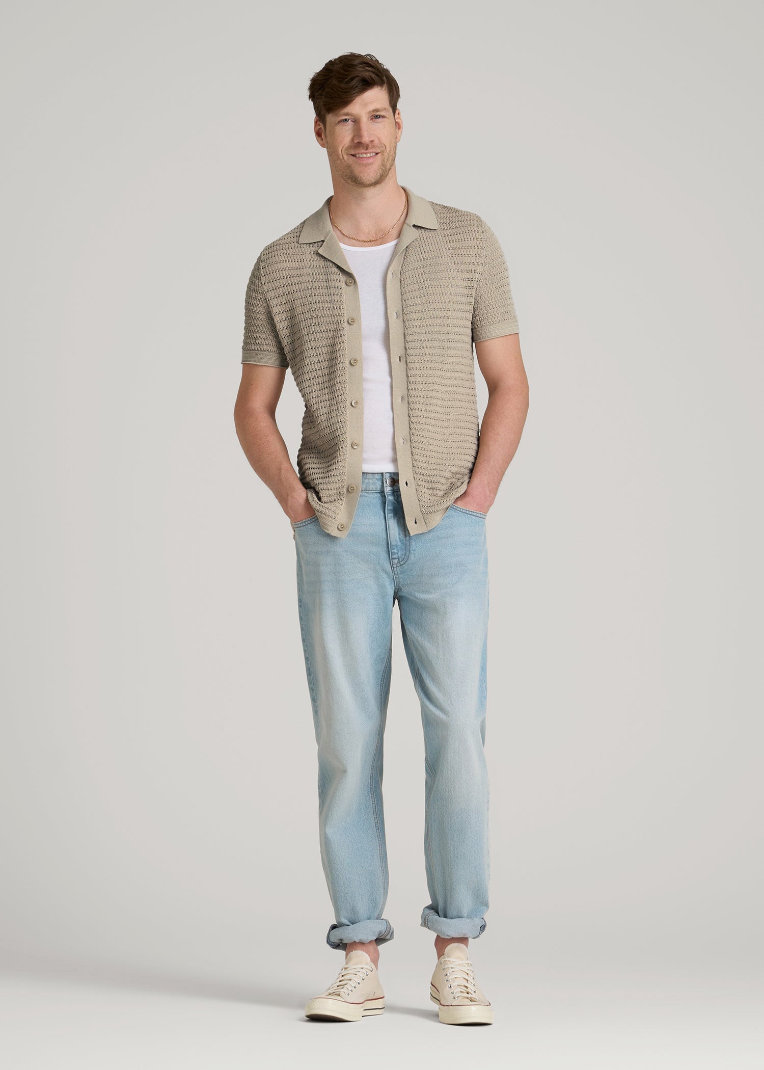 American Tall Online | Short Sleeve Crochet Polo Cardigan for Tall Men in Light Khaki