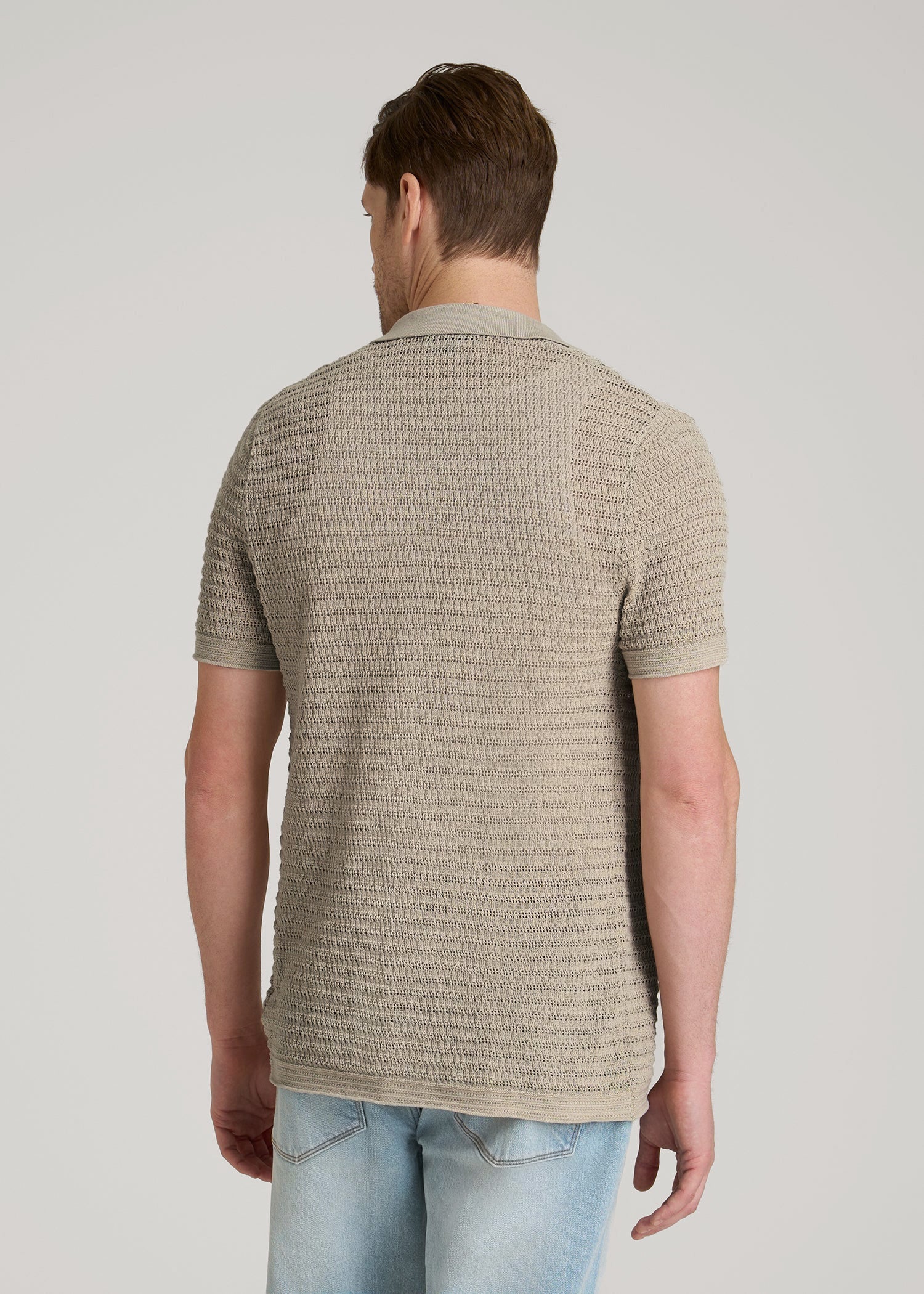 American Tall Online | Short Sleeve Crochet Polo Cardigan for Tall Men in Light Khaki