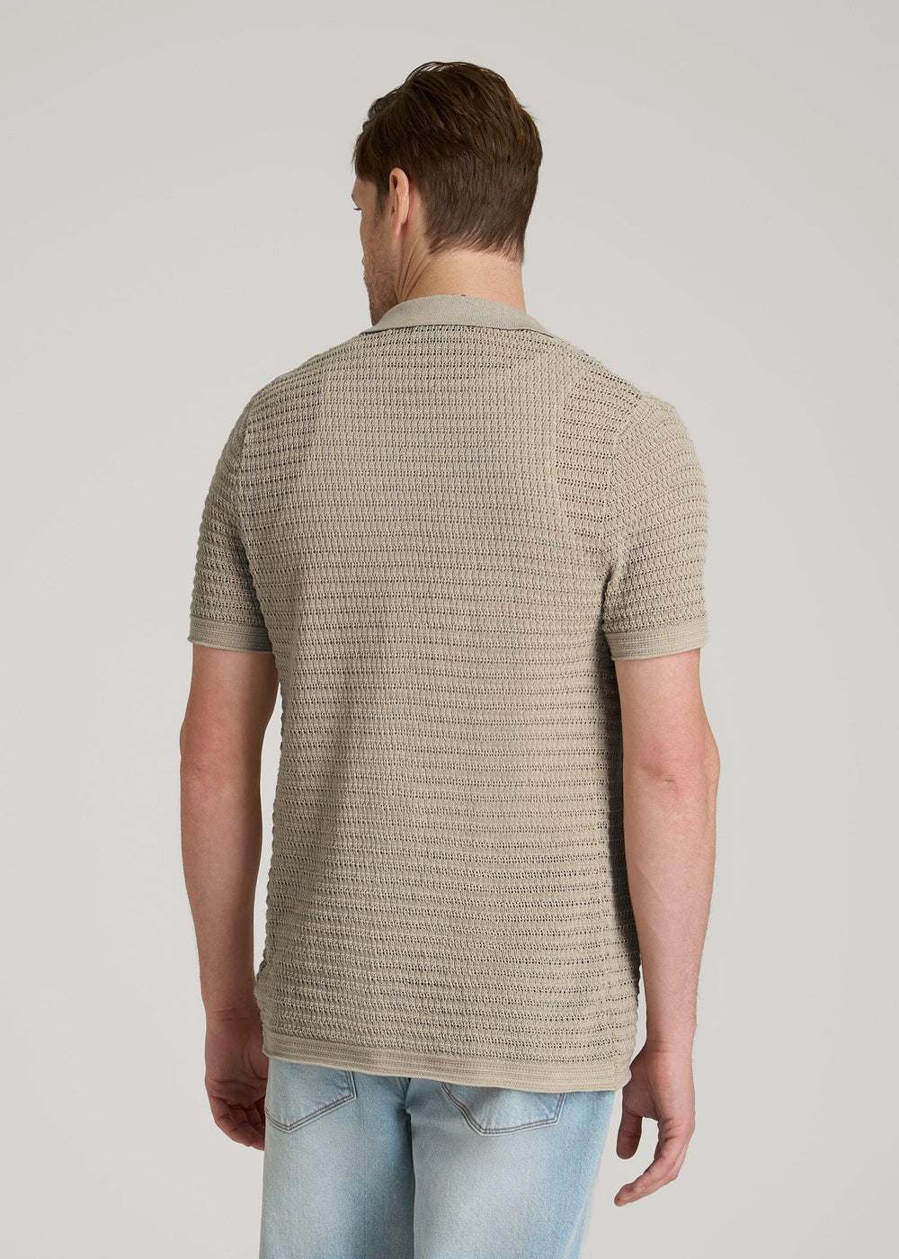 American Tall Online | Short Sleeve Crochet Polo Cardigan for Tall Men in Light Khaki